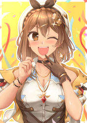 Rule 34 | 1girl, absurdres, atelier (series), atelier ryza, atelier ryza 3, bare shoulders, braid, breast pocket, breasts, brown gloves, brown hair, brown vest, choker, cleavage, clover hair ornament, collarbone, collared shirt, crown braid, dangle earrings, earrings, gloves, hair ornament, highres, jewelry, large breasts, leather, leather gloves, multiple bracelets, multiple necklaces, necklace, one eye closed, pocket, reisalin stout, satsuki (mikatsuki), shirt, single glove, sleeveless, sleeveless jacket, solo, star (symbol), star choker, star earrings, star necklace, teeth, upper body, upper teeth only, vest, white headwear, x hair ornament, yellow eyes