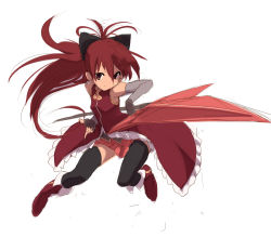 Rule 34 | 10s, 1girl, foreshortening, long hair, mahou shoujo madoka magica, mahou shoujo madoka magica (anime), polearm, ponytail, red eyes, red hair, sakura kyoko, simple background, sketch, solo, sora to umi, spear, thighhighs, weapon