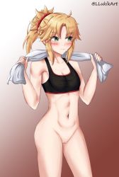 Rule 34 | 1girl, black bra, blush, bra, breasts, cleavage, cleft of venus, embarrassed, fate/grand order, fate (series), from side, gradient background, green eyes, llukik, looking to the side, mordred (fate), mordred (fate/apocrypha), navel, no panties, ponytail, pussy, red scrunchie, scrunchie, small breasts, solo, sports bra, sweat, towel, towel around neck, underwear