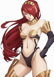 Rule 34 | absurdres, armpits, breasts, cameltoe, gloves, high-cut armor (persona), highres, kirijou mitsuru, nude, one eye covered, persona, persona 3, red eyes, red hair, small breasts, thick thighs, thighs, x xith x
