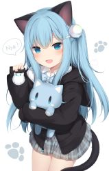 Rule 34 | 1girl, :d, amashiro natsuki, animal ears, animal hood, black jacket, blue bow, blue eyes, blue hair, blush, bow, cat ears, cat girl, cat hood, cat tail, collared shirt, commentary request, dress shirt, fake animal ears, fang, grey skirt, hair between eyes, hair ornament, hairclip, highres, hood, hood down, hooded jacket, jacket, long hair, long sleeves, looking at viewer, nekoha shizuku, hugging object, one side up, open mouth, original, plaid, plaid skirt, pleated skirt, puffy long sleeves, puffy sleeves, romaji text, shirt, simple background, skirt, sleeves past wrists, smile, solo, speech bubble, stuffed animal, stuffed cat, stuffed toy, tail, very long hair, white background, white shirt
