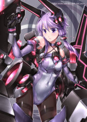 Rule 34 | 1girl, cocytus (wind master), covered navel, english text, gloves, leotard, long hair, low twintails, pantyhose, purple eyes, purple hair, solo, thighband pantyhose, twintails, vocaloid, voiceroid, yuzuki yukari