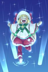 Rule 34 | 1girl, arms up, backpack, bag, bell, blonde hair, blue background, blush, boots, bow, brown gloves, christmas, closed eyes, female focus, full body, fur trim, gloves, green bow, green ribbon, happy, hat, highres, mittens, open mouth, original, outstretched arms, pants, red bow, red footwear, red pants, red skirt, ribbon, running, santa costume, simple background, skirt, smile, solo, sparkle, water, white hat, zegga