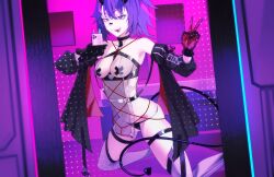 Rule 34 | 1girl, black gloves, black panties, black sleeves, cellphone, cross pasties, demon girl, demon horns, demon tail, detached sleeves, gloves, highres, holding, holding phone, horns, jacket, kuroi enpitsu, long hair, looking at viewer, melody (projektmelody), melody (projektmelody) (cyber succubus), panties, pasties, phone, ponytail, purple eyes, purple hair, red gloves, red sleeves, smartphone, smile, tail, thigh strap, tongue, tongue out, two-sided gloves, two-sided sleeves, underwear, virtual youtuber, vshojo