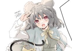 Rule 34 | 1girl, animal, animal ears, capelet, dated, dowsing rod, dress, grey capelet, grey dress, grey hair, highres, long sleeves, mouse (animal), mouse ears, mouse tail, nazrin, one-hour drawing challenge, open mouth, purinpurin, red eyes, short hair, signature, simple background, smile, solo, tail, touhou, upper body, white background