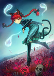Rule 34 | 1girl, absurdres, animal ears, black socks, bone, braid, cat ears, cat tail, dress, extra ears, flower, grin, highres, hitodama, kaenbyou rin, kneehighs, looking back, multiple tails, night, poly, red eyes, red hair, skull, smile, socks, solo, spider lily, tail, touhou, twin braids