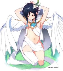 Rule 34 | 1boy, armpits, black hair, blue hair, braid, closed eyes, commentary, english commentary, feathered wings, flower, genshin impact, gradient hair, grass, hair flower, hair ornament, instanttnoodle, male focus, multicolored hair, navel, official alternate costume, short hair with long locks, single thighhigh, solo, thighhighs, twin braids, venti (archon) (genshin impact), venti (genshin impact), white background, white flower, white wings, wings