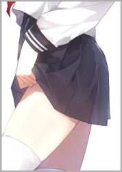 Rule 34 | 1girl, black skirt, blouse, caidychen, close-up, clothes lift, from side, lifted by self, long sleeves, lower body, neckerchief, original, out of frame, pleated skirt, red neckerchief, school uniform, serafuku, shirt, simple background, skirt, skirt lift, solo, standing, thighhighs, white background, white shirt, white thighhighs