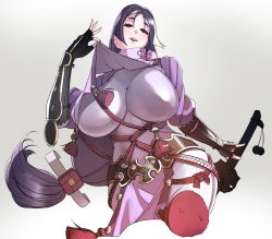 Rule 34 | 1girl, absurdres, armor, black gloves, blush, bodysuit, breasts, cleavage, curvy, fate/grand order, fate (series), fingerless gloves, gloves, grey background, highres, huge breasts, japanese armor, katana, kote, loincloth, long hair, looking at viewer, low-tied long hair, minamoto no raikou (fate), naze, open mouth, parted bangs, purple bodysuit, purple eyes, purple hair, ribbed sleeves, rope, sandals, smile, solo, suneate, sword, tabard, very long hair, weapon