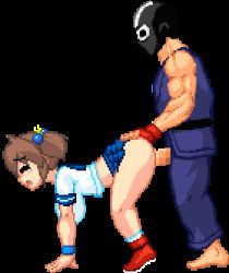 Rule 34 | 1boy, 1girl, animated, animated gif, bouncing breasts, breasts, censored, clothed sex, cum, cum in pussy, doggystyle, fullflap, game cg, hetero, inma no ken, lowres, no panties, penis, pixel art, sex, sex from behind