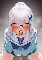 Rule 34 | 1girl, blue-framed eyewear, blue dress, blue hair, blue jacket, blue ribbon, blunt bangs, blush, cum, cum in mouth, cum on clothes, cum on tongue, dress, gamarenji, hair ornament, half-closed eyes, jacket, kneehighs, lize helesta, long hair, long sleeves, looking at viewer, multicolored hair, nijisanji, open clothes, open jacket, purple eyes, ribbon, rolling eyes, sailor collar, sailor dress, sitting, sleeves past wrists, socks, solo, stray pubic hair, streaked hair, tongue, tongue out, two-tone hair, virtual youtuber, white hair, white sailor collar, white socks