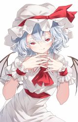 Rule 34 | 1girl, ascot, bat wings, blue hair, bow, colored eyelashes, darjeeling (reley), dress, fang, frilled shirt, frilled shirt collar, frilled sleeves, frills, hat, hat ribbon, highres, looking at viewer, mob cap, nail polish, pink dress, puffy short sleeves, puffy sleeves, red bow, red eyes, red nails, red ribbon, remilia scarlet, ribbon, ribbon trim, shirt, short hair, short sleeves, simple background, smile, solo, touhou, white background, wings, wrist cuffs