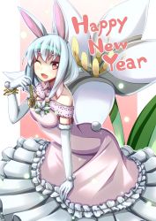 Rule 34 | 1girl, akiyasu, animal ears, blush, rabbit ears, rabbit tail, elbow gloves, gloves, happy new year, leaning forward, looking at viewer, new year, open mouth, original, smile, solo, tail, wink