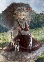 Rule 34 | 1girl, blonde hair, closed mouth, commentary request, day, dress, expressionless, flandre scarlet, fleuriste, hat, highres, holding, holding umbrella, looking at viewer, mob cap, one side up, outdoors, red dress, red eyes, short hair, solo, touhou, umbrella