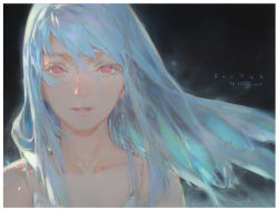 Rule 34 | 1girl, bare shoulders, black background, blouse, blue hair, collarbone, doodle, eyelashes, face, facing viewer, half-closed eyes, krenz, long hair, looking at viewer, original, parted lips, realistic, red eyes, shirt, solo, tank top, white shirt