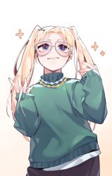 Rule 34 | 1girl, absurdres, akechi (826988799), animification, black pants, blonde hair, blue eyes, chinese clothes, chinese commentary, glasses, grey shirt, highres, jewelry, k-pop, long hair, long sleeves, mamamoo, moonbyul (mamamoo), necklace, open hand, pants, parted bangs, real life, shirt, sleeves past wrists, smile, solo, twintails, undershirt, upper body, v-shaped eyebrows, white background