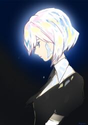 Rule 34 | 1other, black jacket, blue eyes, closed mouth, collared shirt, diamond (houseki no kuni), eyebrows hidden by hair, from side, hair between eyes, highres, houseki no kuni, jacket, kuzumochi (kuzumochiya), looking down, other focus, profile, puffy short sleeves, puffy sleeves, shirt, short sleeves, signature, solo, upper body, white hair, white shirt
