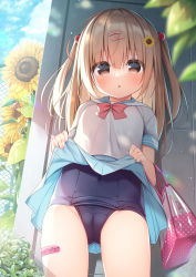 Rule 34 | 1girl, :o, bag, bandaid, bandaid on leg, blue one-piece swimsuit, blue sailor collar, blue skirt, bow, breasts, brown eyes, brown hair, cameltoe, chain-link fence, clothes lift, commentary request, covered navel, fence, flower, hair bobbles, hair flower, hair ornament, hairclip, hanamiya natsuka, lifted by self, long hair, looking at viewer, old school swimsuit, one-piece swimsuit, original, parted lips, pleated skirt, red bow, sailor collar, school swimsuit, shirt, short sleeves, skirt, skirt lift, small breasts, solo, standing, sunflower, sunflower hair ornament, swimsuit, swimsuit under clothes, two side up, white shirt, yellow flower