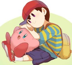 Rule 34 | 2boys, backpack, bag, baseball cap, black eyes, blue eyes, blush, crossover, happy, hat, kirby, kirby (series), mother (game), mother 2, multiple boys, ness (mother 2), nintendo, open mouth, shirt, short hair, sitting, smile, striped clothes, striped shirt, super smash bros.