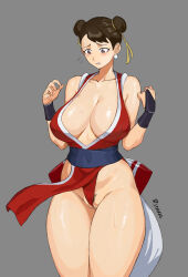 1girl breasts capcom chun-li cowboy_shot fatal_fury large_breasts pubic_hair riooo1 shiranui_mai_(cosplay) solo street_fighter