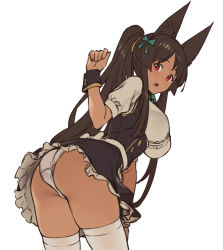 Rule 34 | 1girl, animal ear fluff, animal ears, anubis (houtengeki), ass, breasts, brown hair, contrapposto, cowboy shot, dark skin, hair ribbon, hand up, high ponytail, houtengeki, large breasts, leaning forward, long hair, looking back, miniskirt, open mouth, original, panties, ponytail, red eyes, ribbon, sidelocks, simple background, skirt, solo, thighhighs, underwear, upskirt, very long hair, white background, white panties, white thighhighs, wrist cuffs
