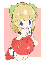 Rule 34 | 1girl, :d, absurdres, black socks, blonde hair, blue eyes, blush stickers, bow, breasts, commentary request, dress, full body, green bow, hair bow, hand up, highres, looking at viewer, mega man (classic), mega man (series), open mouth, pink background, ponytail, red dress, red footwear, roll (mega man), rururu (pyrk8855), shoes, short sleeves, sidelocks, small breasts, smile, socks, solo, two-tone background, white background