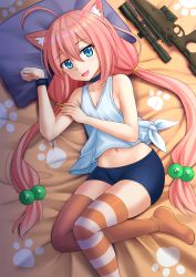 Rule 34 | 1girl, ahoge, animal ear fluff, animal ears, asymmetrical legwear, bare arms, bare shoulders, blue eyes, cat ears, cat tail, commentary, fang, gun, hair between eyes, hair bobbles, hair ornament, highres, hinata channel, kazenokaze, low twintails, lying, mismatched legwear, navel, nekomiya hinata, open mouth, paw pose, paw print, pillow, pink hair, rifle, smile, solo, striped clothes, striped thighhighs, tail, thighhighs, thighs, twintails, virtual youtuber, weapon, white thighhighs, wristband