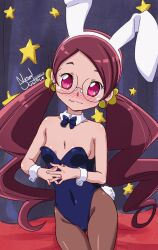 Rule 34 | 1girl, animal ears, artist name, blush, bow, bowtie, breasts, dated, glasses, hanasaki tsubomi, heartcatch precure!, highres, leotard, long hair, low twintails, nanaeljustice, navel, nontraditional playboy bunny, pink eyes, pink hair, precure, rabbit ears, rabbit tail, sitting, small breasts, toei animation, twintails, wrist cuffs