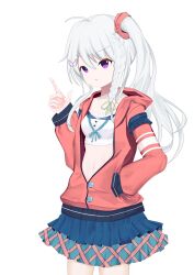 Rule 34 | 1girl, 9-nine-, absurdres, ahoge, blue skirt, braid, butterfly hair ornament, cardigan, casual, commentary, cowboy shot, crop top, green ribbon, grey hair, hair ornament, hair ribbon, hair scrunchie, hand in pocket, hand up, highres, hood, hood down, index finger raised, long hair, long sleeves, looking afar, mamiya yuki, miniskirt, navel, niimi sora, official alternate costume, open cardigan, open clothes, parted lips, partially unbuttoned, pleated skirt, puffy long sleeves, puffy sleeves, purple eyes, red cardigan, red scrunchie, ribbon, scrunchie, shirt, side ponytail, sidelocks, simple background, single braid, skirt, sleeves past wrists, solo, star (symbol), star print, v-shaped eyebrows, white background, white shirt