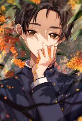 Rule 34 | 1boy, absurdres, black hair, black jacket, branch, brown eyes, commentary request, covering own mouth, day, flower, foliage, forehead, gakuran, gold osmanthus, hand over own mouth, hand up, highres, jacket, leaf, light rays, long sleeves, looking at viewer, male focus, orange flower, original, outdoors, parted hair, partial commentary, peach punch, portrait, school uniform, shirt, solo, sunbeam, sunlight, water drop, white shirt