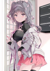 Rule 34 | 1girl, black shirt, black thighhighs, blush, breasts, chestnut mouth, cleavage cutout, clothing cutout, crop top, door, expressionless, grey eyes, grey hair, grey headband, grey jacket, headband, high collar, jacket, koala, large breasts, leaning forward, long hair, looking at viewer, mailbox (incoming mail), midriff, miniskirt, open clothes, open jacket, original, parted lips, pink skirt, sakura koharu, shirt, skirt, sleeves past wrists, solo, standing, thighhighs, turtleneck, two side up, wavy hair