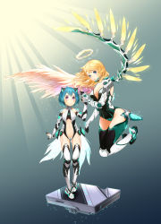 Rule 34 | 2girls, alpha (acerailgun), android, angel, angel wings, animal ears, asymmetrical wings, bad deviantart id, bad id, blonde hair, blue eyes, blue hair, boots, borrowed character, breasts, cassie (acerailgun), cat ears, cleavage, cyborg, artistic error, feathered wings, floating, full body, halo, hoshi usagi, jewelry, large breasts, long hair, mechanical arms, mechanical wings, multiple girls, necklace, original, pink hair, single mechanical arm, smile, sparkle, standing, sunlight, thigh boots, thighhighs, wings