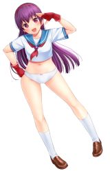 Rule 34 | 1girl, asamiya athena, blush, bow, bow panties, brown footwear, collarbone, commentary request, crop top, fingerless gloves, gloves, hairband, looking at viewer, midriff, navel, no pants, panties, purple eyes, purple hair, red gloves, red neckwear, sailor collar, sailor shirt, salute, shirt, short sleeves, smile, socks, solo, the king of fighters, underwear, white background, white panties, white shirt, white socks, yoyomura