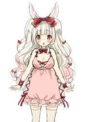 Rule 34 | 1girl, animal ears, bad id, bad twitter id, bare shoulders, bow, breasts, cleavage, collar, commentary request, copyright request, detached collar, dress, gradient hair, grey hair, hair bow, long hair, medium breasts, midorikawa you, multicolored hair, pink dress, pink hair, rabbit ears, red bow, ribbed legwear, simple background, sleeveless, sleeveless dress, solo, teeth, thighhighs, upper teeth only, very long hair, virtual youtuber, white background, white collar, white thighhighs