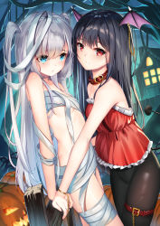 Rule 34 | 2girls, bandages, bare shoulders, belt, black hair, black legwear, blue eyes, breasts, closed mouth, collar, collarbone, commentary request, halloween, head wings, highres, leg belt, long hair, looking at another, looking at viewer, multiple girls, original, pantyhose, red belt, red collar, red eyes, small breasts, smile, two side up, white hair, wings, yan (nicknikg)