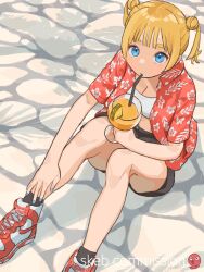 Rule 34 | 1girl, absurdres, air jordan, artist logo, black shorts, black socks, blonde hair, blue eyes, blue nails, breasts, cleavage, commentary request, commission, cup, day, drinking, drinking straw, drinking straw in mouth, floral print, hand on own leg, hawaiian shirt, highres, holding, holding cup, juice, leaf print, looking at viewer, mashiro ka, medium breasts, nail polish, open clothes, open shirt, original, outdoors, shirt, shoes, short hair, short sleeves, shorts, sitting, skeb commission, sneakers, socks, solo, strapless, tree shade, tube top, twintails, watermark, white tube top