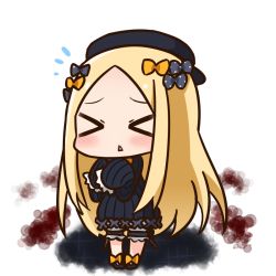 Rule 34 | &gt; &lt;, 1girl, abigail williams (fate), black bow, black dress, black footwear, black hat, blonde hair, blush, bow, bridal garter, chibi, closed eyes, dress, facing viewer, fate/grand order, fate (series), flying sweatdrops, full body, hair bow, hana kazari, hands in opposite sleeves, hat, long hair, long sleeves, orange bow, parted lips, shoes, solo, standing, triangle mouth, very long hair, white background