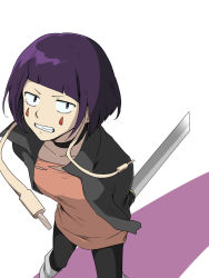 Rule 34 | 10s, 1girl, arms behind back, audio jack, boku no hero academia, choker, clenched teeth, collarbone, constricted pupils, facial mark, from above, gokujou no kaeru-yaki, highres, holding, holding knife, jirou kyouka, knife, pantyhose, purple eyes, purple hair, short hair, simple background, solo, teardrop tattoo, teeth, torn clothes, white background
