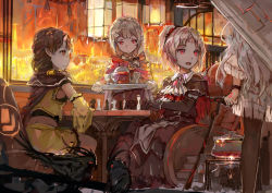 Rule 34 | 4girls, blonde hair, board game, chess, cup, detached sleeves, drink, drinking glass, fang, horns, long hair, multiple girls, oni horns, open mouth, pixiv fantasia, pixiv fantasia t, pointy ears, ponytail, red eyes, short hair, silver hair, sitting, smile, spark (sandro), staff, tattoo, tray, wine glass, wristband