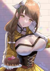 Rule 34 | 1girl, black corset, braid, braided ponytail, breasts, brown hair, cake, cleavage, commentary request, corset, fire emblem, fire emblem engage, flower, flower on head, food, gloves, goldmary (fire emblem), hair ribbon, hand up, head tilt, highres, holding, holding food, hooded top, large breasts, long hair, looking at viewer, mole, mole on breast, nintendo, revision, ribbon, single braid, skirt, smile, snow20200, solo, upper body, white gloves, white ribbon, yellow eyes, yellow skirt