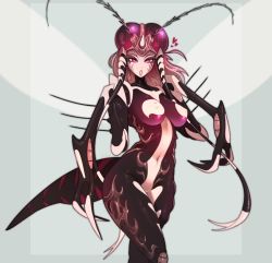 Rule 34 | 1girl, antennae, arthropod girl, breasts, compound eyes, covered erect nipples, cowboy shot, extra eyes, green background, highres, insect wings, justrube, large breasts, long hair, monster girl, mosquito girl, mosquito musume, navel, one-punch man, pink eyes, simple background, solo, wings