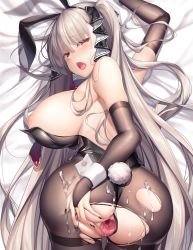 Rule 34 | 1girl, aftersex, animal ears, ass, azur lane, black nails, black pantyhose, blush, breasts, cum, fake animal ears, female focus, formidable (azur lane), grey hair, large breasts, leotard, long hair, looking at viewer, lying, meion, nail polish, nipples, open mouth, pantyhose, playboy bunny, pussy, pussy juice, rabbit ears, red eyes, saliva, saliva trail, solo, spread pussy, tail, tears, third-party edit, tongue, torn clothes, torn pantyhose, uncensored, very long hair, waifu2x