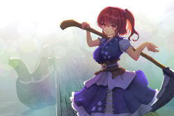 Rule 34 | 1girl, absurdres, blue dress, boat, breasts, coin, dress, highres, holding, holding scythe, kiritanpo117, large breasts, light particles, looking at viewer, obi, onozuka komachi, open mouth, outdoors, red eyes, red hair, sash, scythe, solo, touhou, two side up, watercraft