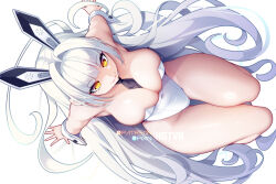 Rule 34 | 1girl, alternate costume, animal ears, bare legs, bare shoulders, between breasts, black necktie, blanc (nikke), breasts, cleavage, closed mouth, commentary, covered navel, english commentary, from above, goddess of victory: nikke, hot vr, large breasts, leotard, long hair, looking at viewer, looking up, mechanical ears, necktie, necktie between breasts, playboy bunny, rabbit ears, smile, solo, white hair, white leotard, yellow eyes