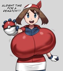 Rule 34 | 1girl, absurdres, alternate breast size, bandana, blue eyes, breasts, brown hair, covered erect nipples, creatures (company), english text, game freak, gigantic breasts, gloves, grey background, greyimpaction, highres, holding, holding poke ball, huge breasts, looking at viewer, may (pokemon), motion lines, nintendo, open mouth, poke ball, pokemon, pokemon rse, red bandana, red shirt, shirt, short sleeves, simple background, solo, upper body