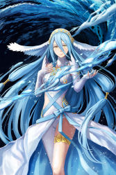 Rule 34 | 1girl, asymmetrical clothes, azura (fire emblem), black background, blue bow, blue hair, bow, breasts, closed mouth, dress, elbow gloves, feet out of frame, fingerless gloves, fire emblem, fire emblem fates, gloves, hair between eyes, hand on own chest, highres, hydrokinesis, jewelry, long hair, medium breasts, necklace, nintendo, pants, pelvic curtain, pendant, redpoke, single pantsleg, sleeveless, sleeveless dress, smile, solo, standing, straight hair, thighlet, veil, very long hair, water, white dress, white gloves, white pants, yellow eyes