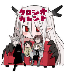 Rule 34 | 2boys, 3girls, antlers, black dress, black eyes, black hair, black skin, black socks, blush stickers, brown eyes, brown hair, brown hoodie, brown socks, character request, closed mouth, colored skin, copyright name, couch, cropped torso, crossed legs, dress, fingernails, frown, fuji misato, full body, giant, giantess, grey hair, grey pants, grey shirt, grey socks, hair between eyes, hair bun, hair horns, half-closed eyes, hands on another&#039;s head, head rest, highres, hood, hood down, hoodie, horns, kokaki mumose, kuroshio current, long hair, long pointy ears, looking ahead, multicolored skin, multiple boys, multiple girls, on couch, open mouth, pants, pointy ears, ponytail, purple eyes, red eyes, samemi (kuroshio current), sharp fingernails, shiori (kuroshio current), shirt, simple background, single hair bun, sitting, sitting between lap, size difference, socks, striped clothes, striped shirt, striped sleeves, sweatpants, v arms, white background