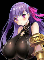 Rule 34 | 10s, 1girl, bad id, bad pixiv id, bare shoulders, belt buckle, belt collar, black background, blush, breasts, buckle, claws, cleavage, collar, commentary, criss-cross halter, fate/extra, fate/extra ccc, fate/grand order, fate (series), hair ribbon, halterneck, harimoji, huge breasts, long hair, looking at viewer, looking to the side, o-ring, o-ring top, parted lips, passionlip (fate), pink ribbon, purple eyes, purple hair, ribbon, simple background, solo, very long hair