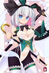 Rule 34 | 1girl, animal ears, black hairband, black headwear, black pantyhose, blue eyes, blush, breasts, bright pupils, cane, cleavage, closed mouth, colored inner hair, commentary request, cowboy shot, dated, ghost, green vest, grey hair, hairband, hat, highres, holding, holding cane, konpaku youmu, konpaku youmu (ghost), large breasts, leotard, muchin jousha, multicolored hair, pantyhose, pink background, pink hair, playboy bunny, rabbit ears, see-through, see-through leotard, sheath, short hair, simple background, solo, sword, sword behind back, thighhighs, top hat, touhou, vest, weapon, white leotard, white pupils, white thighhighs, wrist cuffs, youmu day