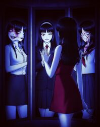 Rule 34 | 1girl, :d, absurdres, black hair, black skirt, blood, blood on face, bloody tears, blue skirt, commentary, crazy eyes, cuts, different reflection, dress, english commentary, hairband, hand up, highres, horror (theme), injury, itou junji (style), kawakami tomie, long hair, mirror, mole, mole under eye, multiple heads, multiple views, necktie, no pupils, open mouth, pale skin, red dress, red necktie, reflection, school uniform, serafuku, sketchmenot, skirt, smile, tomie, uniform, white hairband